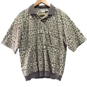 Vintage Taylor & Henry Polo Shirt Men L Grey Geometric Knit Banded Hem Retro 90s
